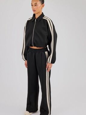 Cernucci Cropped Harrington Taping Jacket & Wide Leg Track Pant Black and Ivory